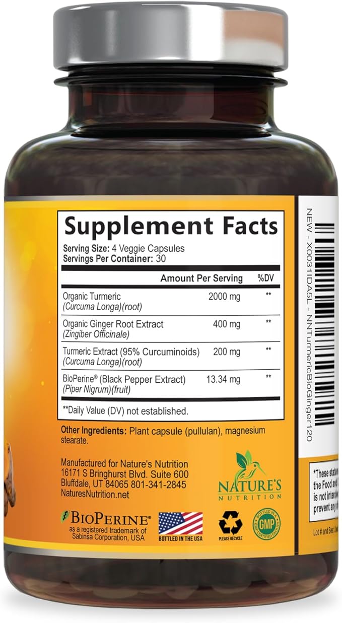Turmeric Curcumin Supplement - 2000mg Organic Turmeric Per Serving - 95% Curcuminoids, Ginger & BioPerine Black Pepper for Best Absorption - Natural Vegan Joint Support, Bottled in USA - 120 Capsules