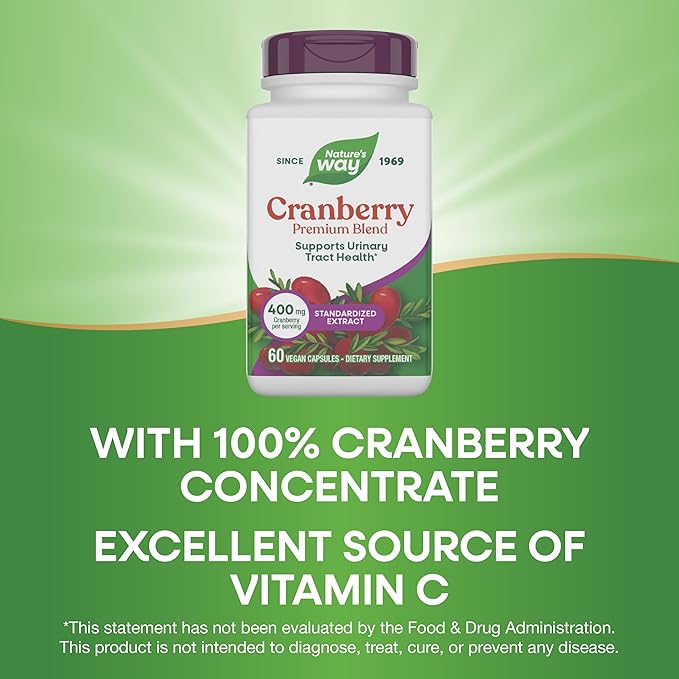 Nature's Way Premium Blend Cranberry, Urinary Tract Health Support*, with 100% Cranberry Concentrate, 400 mg Per Serving, 60 Capsules (Packaging May Vary)