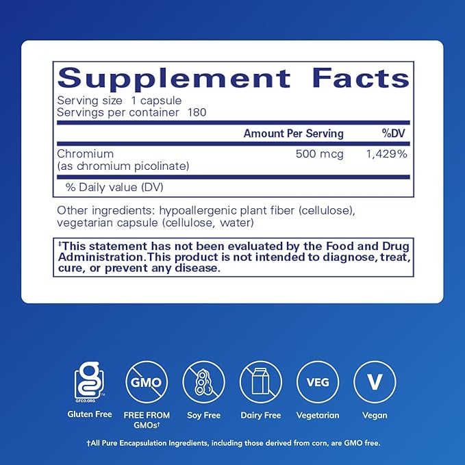 Pure Encapsulations Chromium (Picolinate) 500 mcg - for Lipid & Carbohydrate Metabolism* - Mineral Supplement - Superior Absorption Chromium Supplement - Vegan & Gluten Free - 180 Capsules