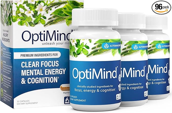 Optimind Brain Supplement for Memory and Focus, Nootropic with Synapsa®, Phosphatidylserine, Vitamin B1 B12, Non-GMO, Mental Clarity, Cognitive Support, Clinically Studied Ingredients, 96 Capsules