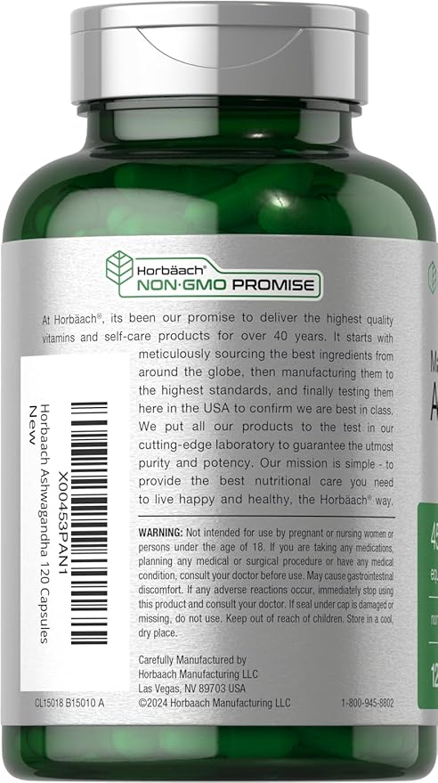 Horbäach Ashwagandha Supplement | 120 Capsules | with Black Pepper Extract | Maximum Strength | Non-GMO, Gluten Free Formula