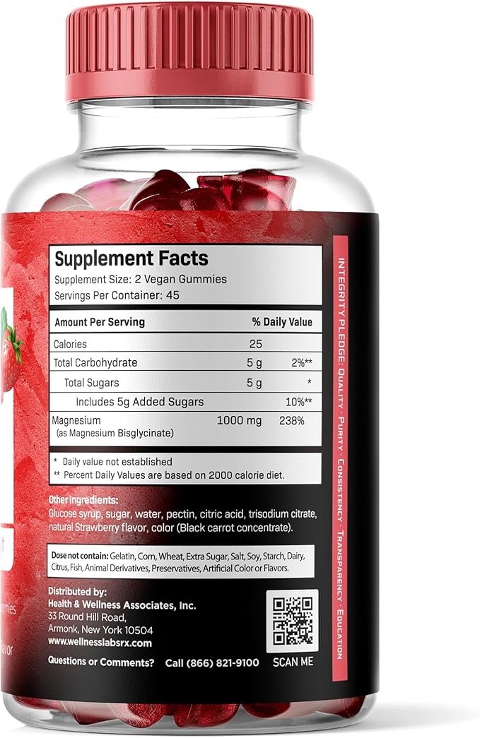 Magnesium Glycinate Gummies, 1000 mg - Magnesium Supplement to Support Relaxation, Heart Health - Chewable Calm Magnesio Gummies for Adults, Glicinato De Magnesio - Strawberry Flavor - Pack of 3