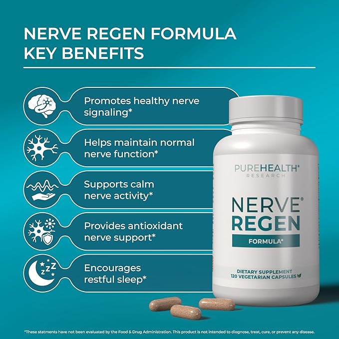 PUREHEALTH RESEARCH Nerve Regen Formula - Nerve Support Supplement for Feet & Hands - with Alpha Lipoic Acid ALA, Benfotiamine, Acetyl L-Carnitine, Vitamin B2, B6, B12, D3 & More - 6 Bottles