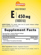 Sundance High Potency Vitamin E | 450mg (1000 IU) | 60 Softgels | Essential Vitamin Supplement | Non-GMO and Gluten Free Formula