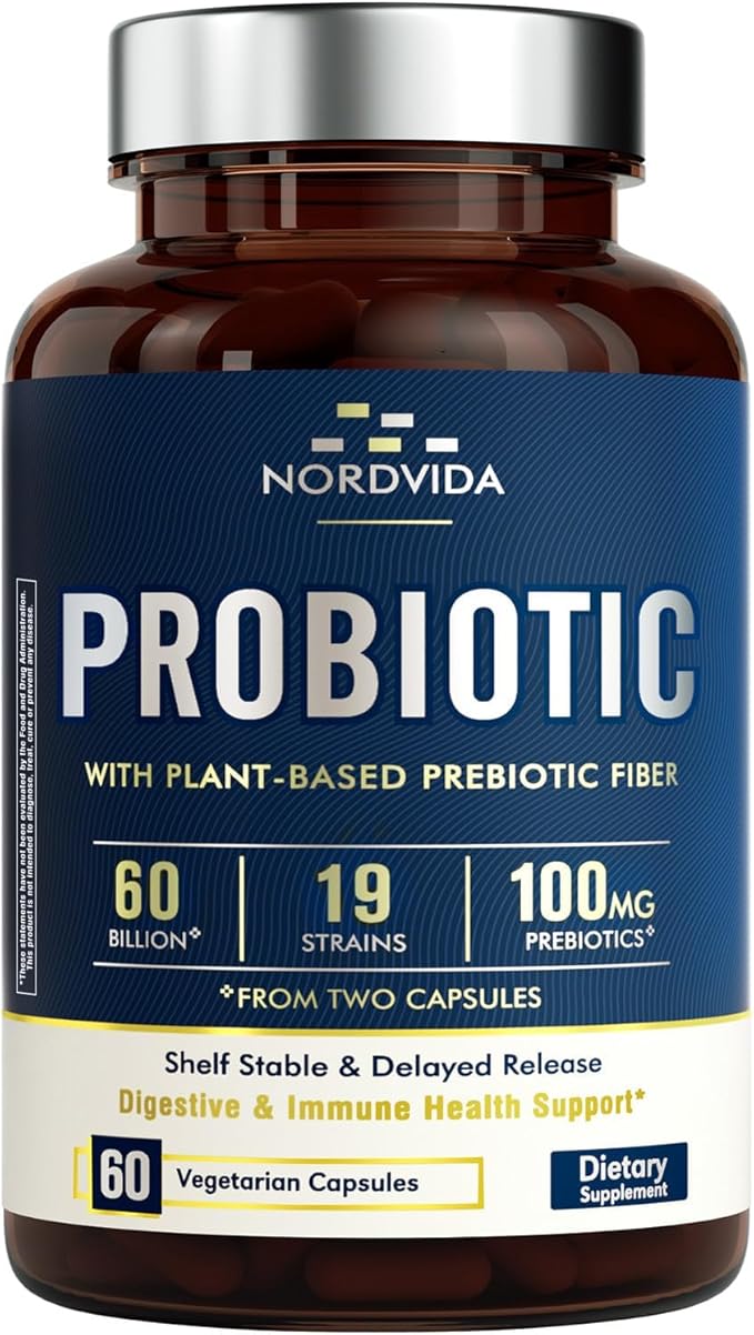 Probiotic 60 Billion 19 Strains with Organic Prebiotic for Men & Women, Digestive & Immune Health, Non-GMO, No Dairy, Shelf Stable, Delayed Release, 60 Vegan Caps