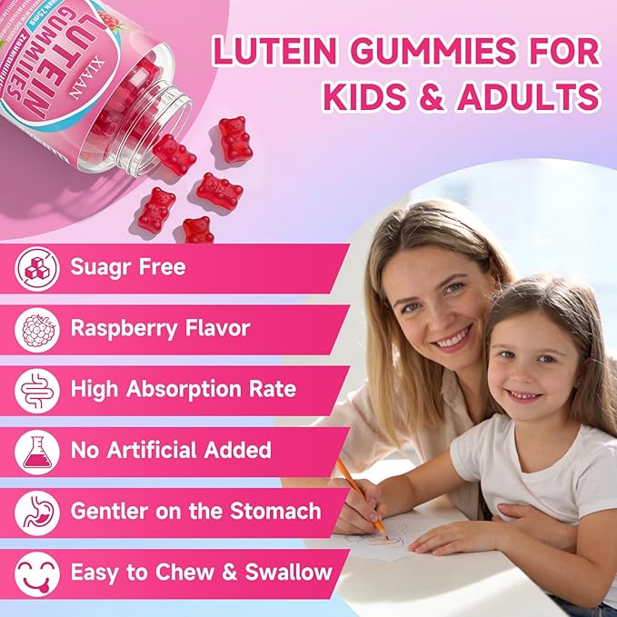 Lutein and Zeaxanthin Supplements, Lutein Gummies with Zeaxanthin,Vitamins A, C, E, Bilberry, Astaxanthin for Vision Health & Eye Strain, Sugar-Free/Vegan, Raspberry Flavor 60 Count