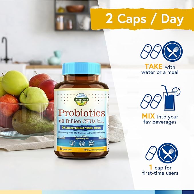 Terranics Probiotics 60 Billion CFU, 20 Strains, 60 Veg Capsules, Prebiotics & Probiotics, Shelf Stable Probiotic Supplement for Men & Women, Non-GMO, NO Soy, Dairy & Gluten