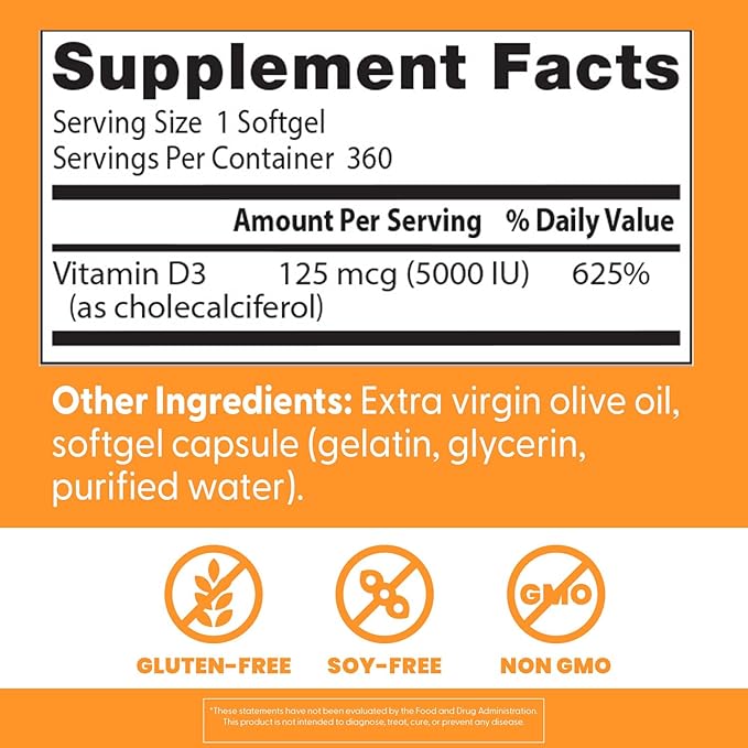 Doctor's Best Vitamin D3 5000 IU Softgels for Men & Women - Vitamin D Supplement for Immune System & Heart Health Support, 125 mcg per Serving, VIT D 3, Non GMO, Gluten Free, Soy Free - 360 Softgels