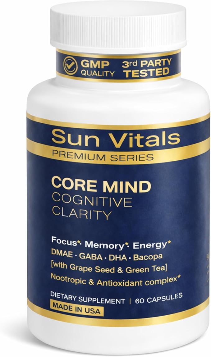 Sun Vitals Core Mind – Nootropic Brain Supplement for Focus, Memory & Mental Clarity | DMAE, Bacopa Monnieri, Phosphatidylserine & Huperzine A | Non-Stimulant, Caffeine-Free | 60 Capsules