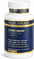 Sun Vitals Core Mind – Nootropic Brain Supplement for Focus, Memory & Mental Clarity | DMAE, Bacopa Monnieri, Phosphatidylserine & Huperzine A | Non-Stimulant, Caffeine-Free | 60 Capsules