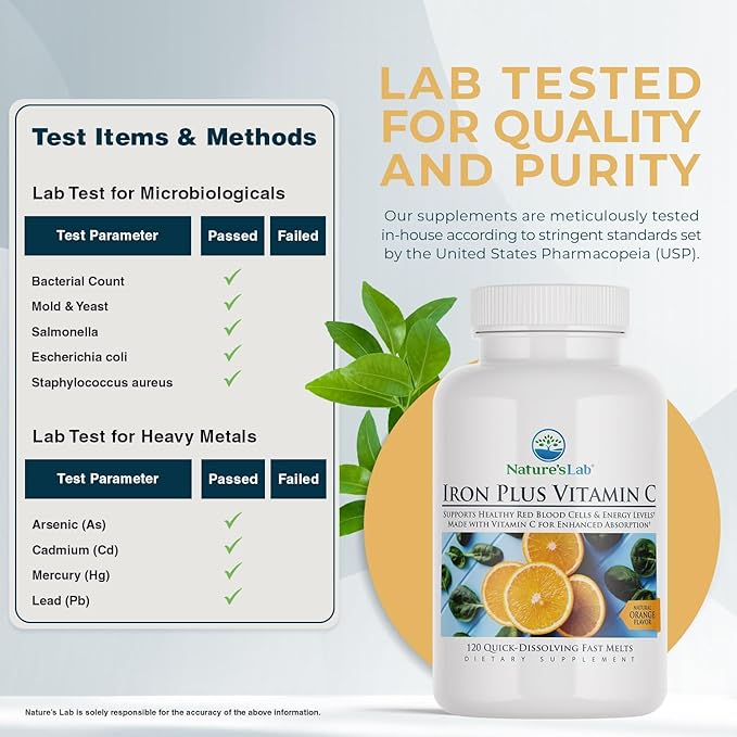 Nature's Lab Iron Plus Vitamin C Fast Melt Tablets - Gentle on The Stomach Carbonyl Iron, High Absorption for Healthy Red Blood Cells* - 120 Tablets