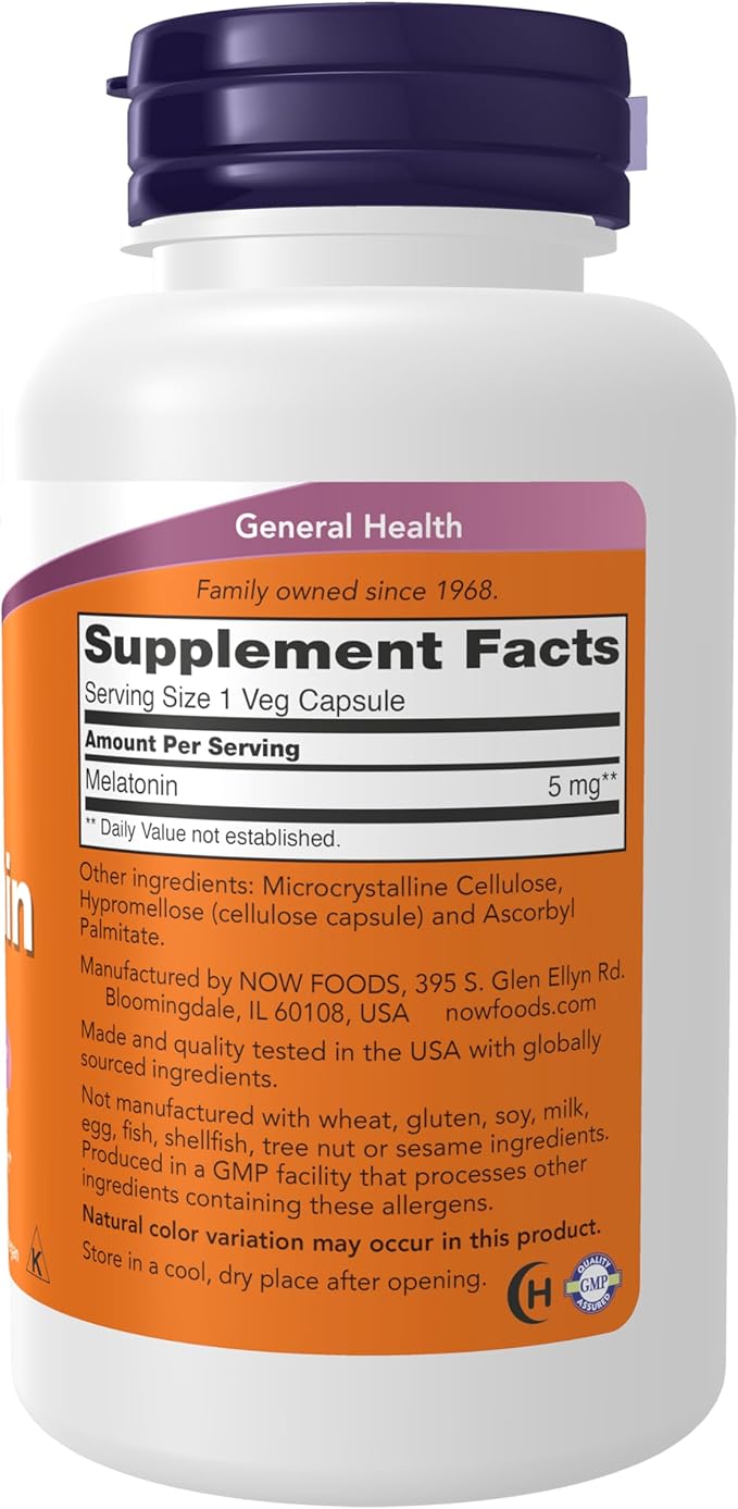 NOW Foods Supplements,Melatonin 5 mg,Free Radical Scavenger*,Healthy Sleep Cycle*,180 Count (Pack of 2)