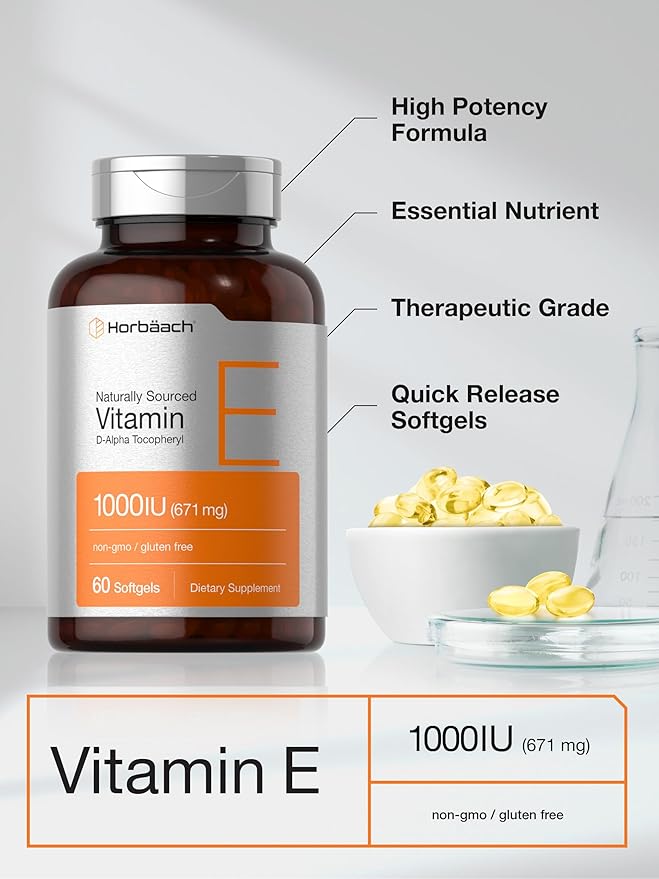 Horbäach Vitamin E 1000 iu Softgels | 671mg | 60 Count | Non-GMO and Gluten Free Naturally-Sourced Formula | D-Alpha Tocopherol