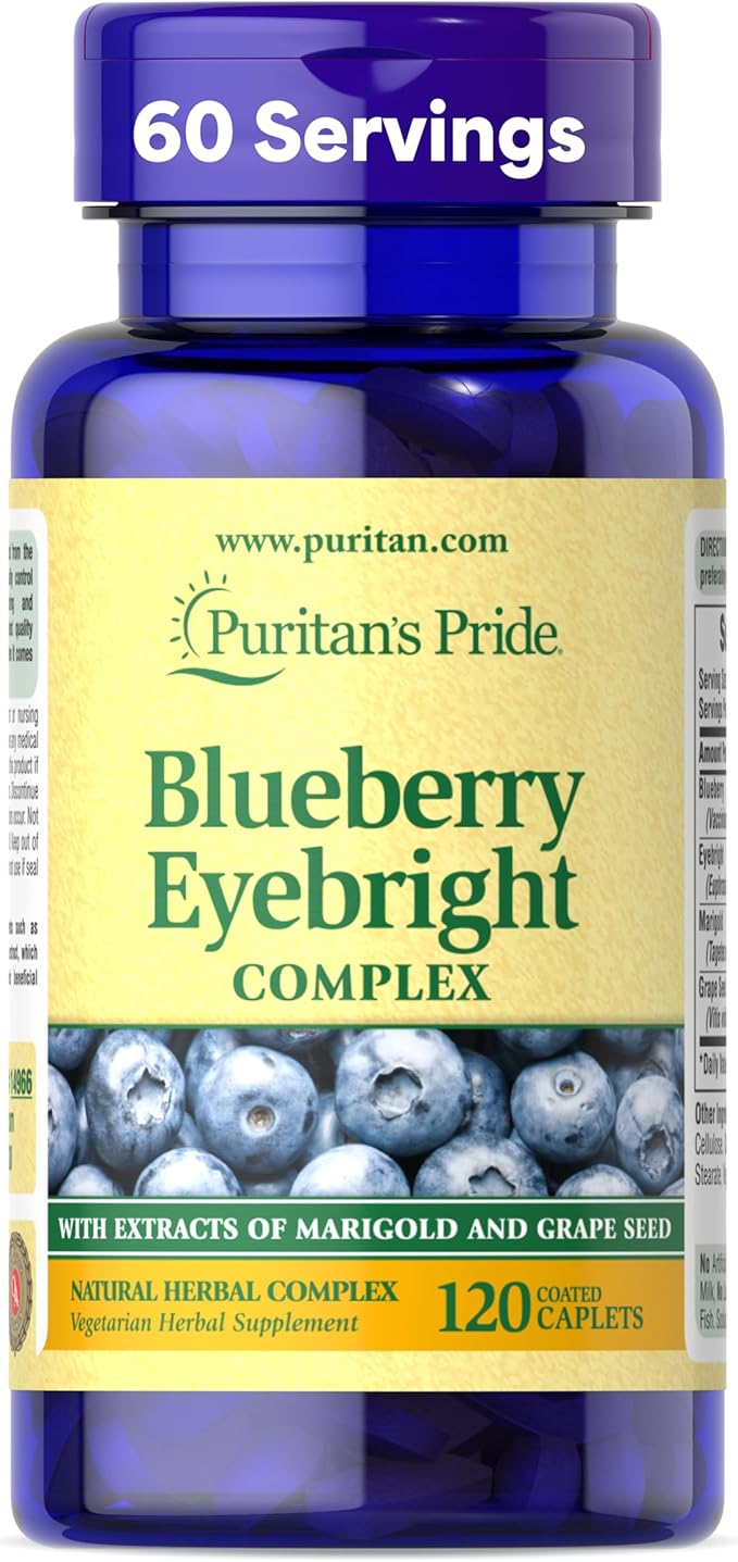 Puritan's Pride Premium Blueberry Eyebright Complex with Extracts of Marigold and Grapeseed, Dietary Supplement for Antioxidant Health, 120 Coated Caplets