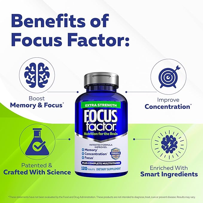 Focus Factor Adults Extra Strength, Brain Supplement for Memory, Concentration and Focus - Complete Multivitamin with DMAE, Vitamin D, DHA - Trusted Health Vitamins, 120 Count (Pack of 3)