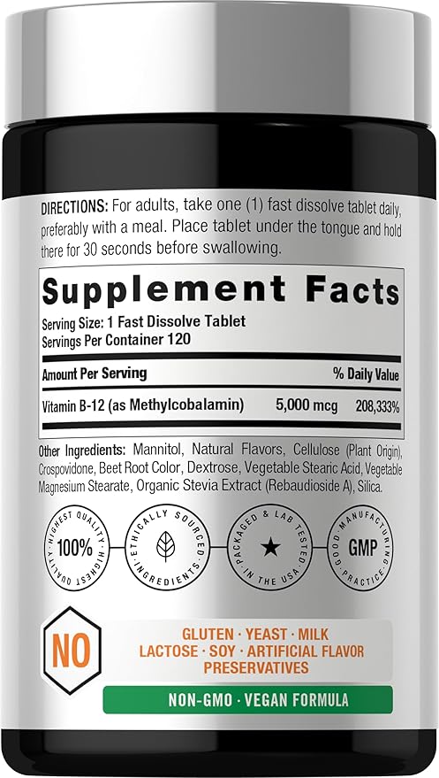Horbäach B12 Vitamin 5000 mcg | 120 Fast Dissolve Tablets | Sublingual Methylcobalamin | Natural Berry Flavor | Vegan, Non-GMO & Gluten Free Supplement