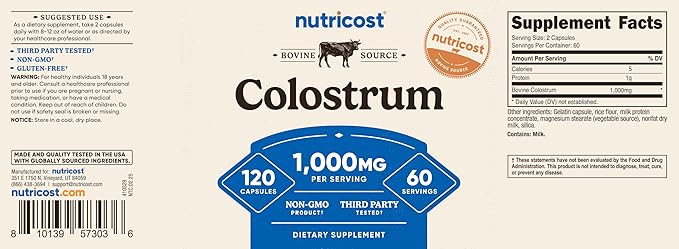 Nutricost Colostrum 1000mg, 120 Caps, 60 Servings (3 Bottles)