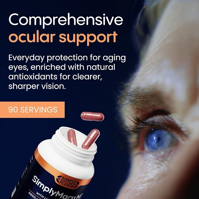 Simply Macu MD – Advanced Vision Support Supplement - 90 Capsules, 3 Month Supply - with Lutein, Zeaxanthin, Meso-Zeaxanthin & Astaxanthin – Bilberry Extract – Vegan, Non-GMO, Gluten Free