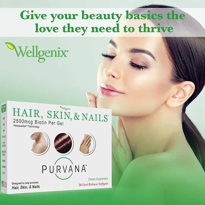 Wellgenix Purvana Hair Skin and Nails Supplement – 2500mcg Biotin Softgels with MSM & B-Complex – Daily Beauty Support for Stronger Nails & Hair Vitality – 60 Softgels (2 Pack)