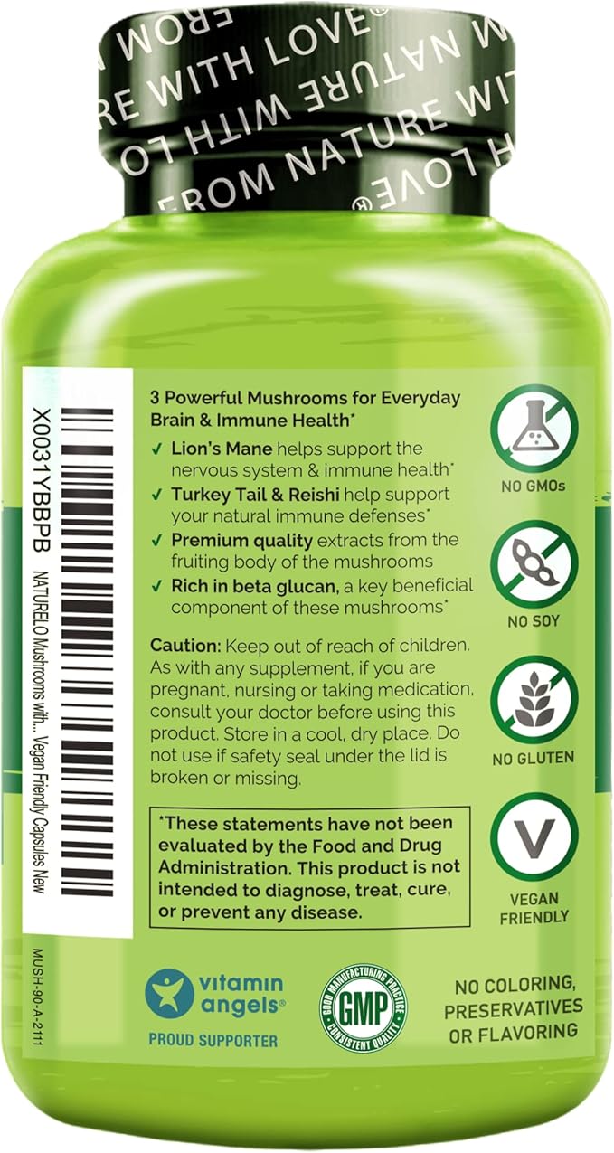 NATURELO Mushroom Supplement Capsules, 90 Ct, Brain & Immune Support, Vegan-Friendly, Lions Mane Supplement Capsules, Lion’s Mane, Reishi, Turkey Tail Blend