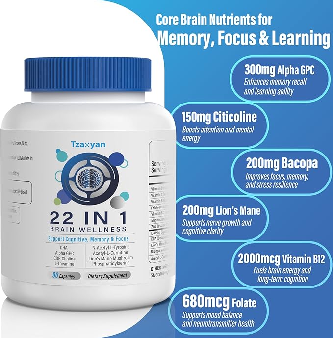 Brain Supplements for Memory and Focus, Clarity & Cognitive Improvement, 300mg Alpha GPC, CDP-Choline, DHA, Lion’s Mane, L-Theanine, Vitamin & Phosphatidylserine for Men & Women, 90 Capsules, 3PACK