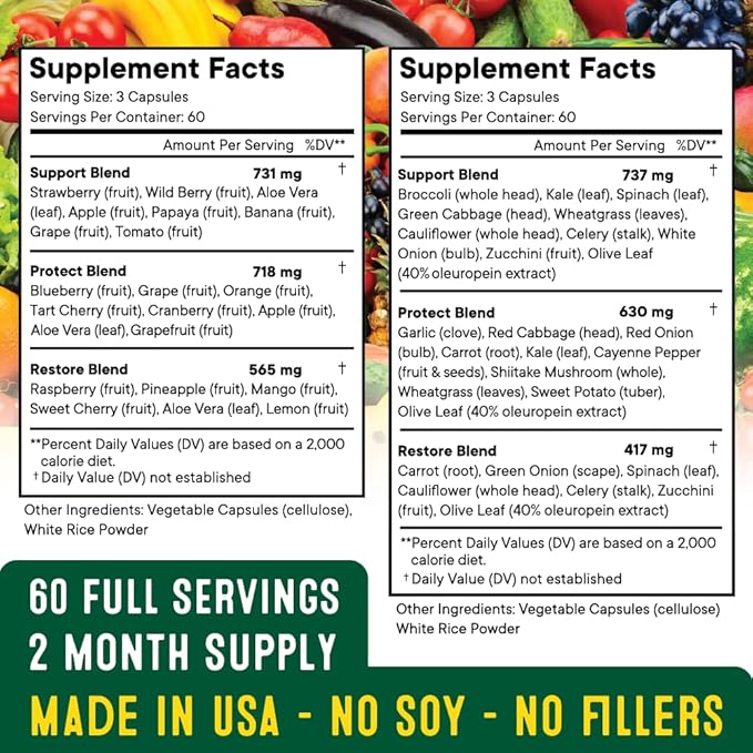 Superfood Fruit and Veggie Supplement - Fruit and Veggie Capsules 100% Whole Super Fruits and Super Vegetables Supplements & Vitamins, with Beta Carotene (720 Count (Pack of 4))