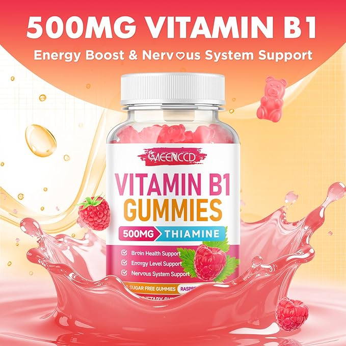 MEENCCD Vitamin B1 Gummies 500mg, Thiamine B1 Supplement Supports Energy Production, B1 Vitamin for Adults & Kids, Sugar-Free, Vegan, Raspberry Flavor, 60 Count
