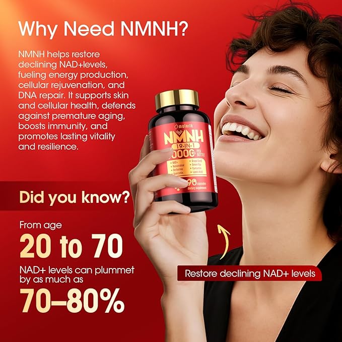 19-in-1 NMNH Supplement 1000mg, NAD Supplement to Boost NAD+ Levels, NMN Supplement Alternative with Resveratrol, Quercetin, Berberine, Grape Seed for Energy, Cellular Health & Healthy Aging, 90 Count