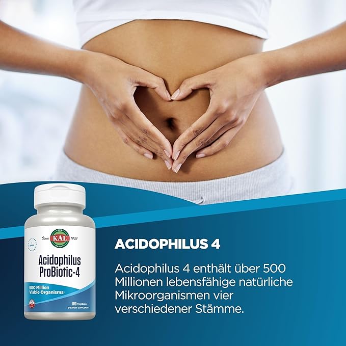 KAL Acidophilus ProBiotic-4, 500 Million CFUs, Four Probiotic Strains, Probiotics for Women and Men, Freeze Dried, L. acidophilus, L. bulgaricus, S. thermophilus, B. bifidum, 100 Servings, 100 VegCaps