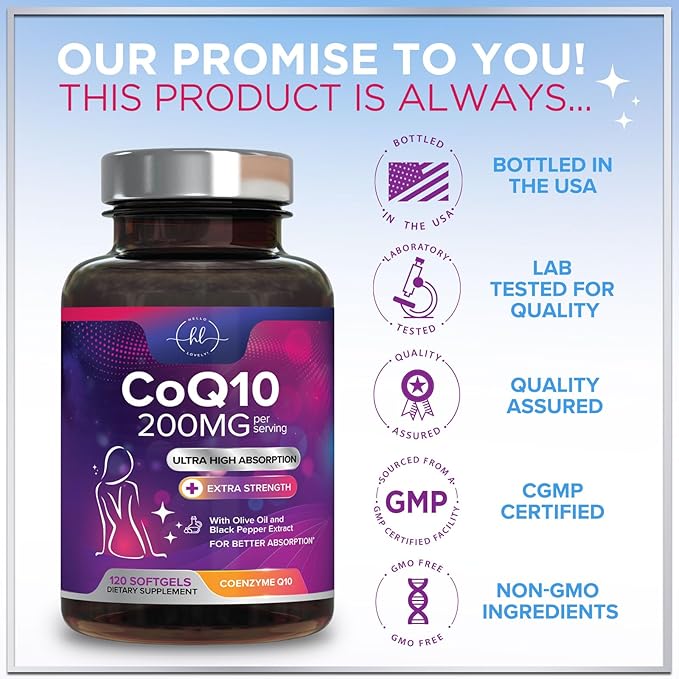 Coenzyme Q10 200mg per Serving Supplement - Ultra High Absorption, Antioxidant for Heart Health & Energy Production Support - CoQ10 (Ubiquinone) Co Q 10 Supplement & Vitamins 100mg Each - 120 Softgels