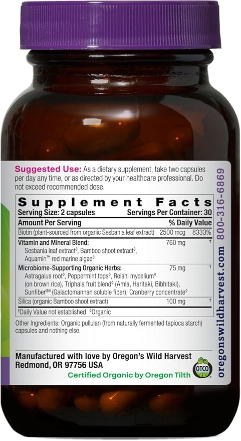 Oregon's Wild Harvest Biotin & Silica – USDA Certified Organic, Vegan Capsules for Hair, Skin & Nail Support with Microbiome-Supporting Herbs – Non-GMO, 60 Count