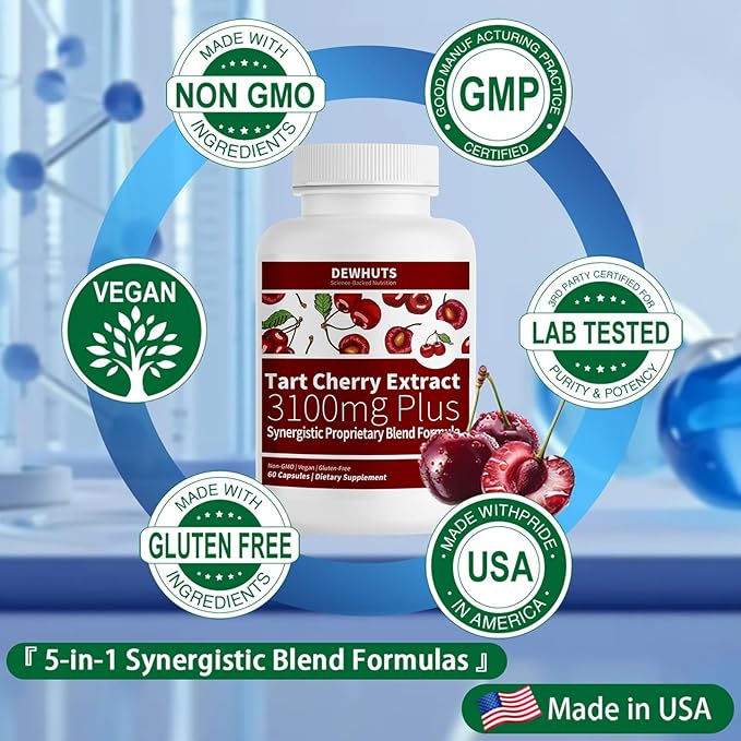 5 in 1 Tart Cherry Extract 3100mg with Bromelain & Chanca Piedra - Support Healthy Uric Acid Levels Already Within Normal Range, Joint Comfort, Non-GMO Vegan Gluten-Free, 60 Capsules