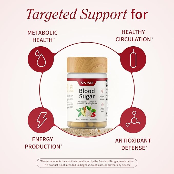 Snap Supplements Blood Sugar Blend with Berberine, CoQ10, Cinnamon, and Gymnema to Support Already Healthy Blood Sugar, Metabolic Health and Energy, Sugar Free, 60 Capsules 2-Pack (Packaging May Vary)