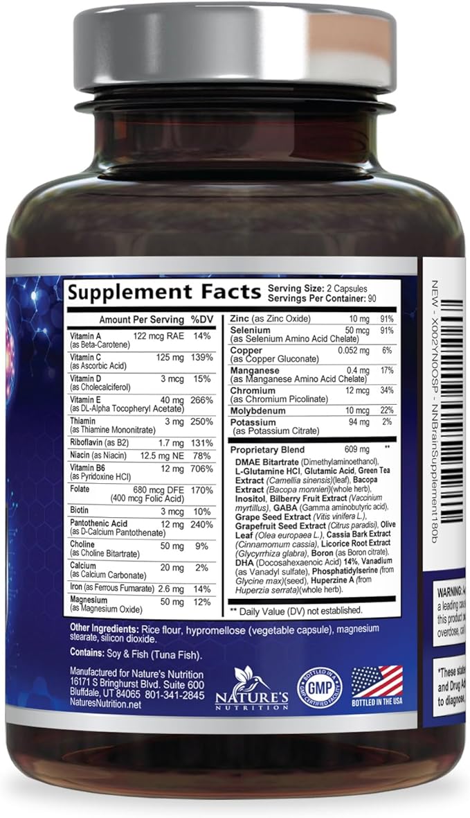 Brain Memory Supplement Pills - 3X Strength Nootropics for Concentration, Clarity & Focus Support - Brain Health Cognitive Vitamins with Bacopa, Phosphatidylserine & DMAE, Brain Booster - 180 Capsules