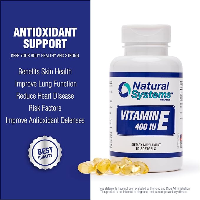Vitamin E 60 Softgels 400 IU by Natural Systems - Vitamin E Supplements Immune System Support * - Softgels Skin Care - Natural VIT E Non-Sugar, Non-Artificial Flavors or Preservatives