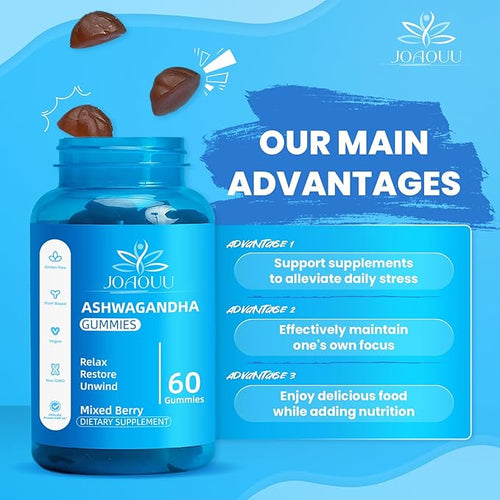 (60 Count) Ashwagandha Gummies KSM-66 - Mixed Berry, Vegan, Plant Based, Non-GMO, Gluten-Free & Gelatin Free Relax, Organic Ashwa Root Extract Supplement for Immune Support