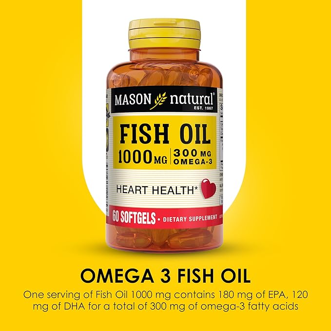 MASON NATURAL Omega,3 Fish Oil, 180,Day Supply, 1000mg with EPA and DHA for Joint Support, 60 Softgel Pills (3 Pack)