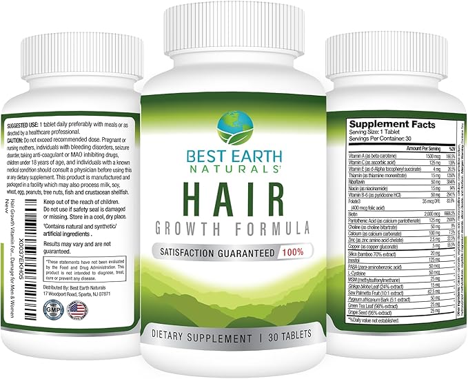 Best Earth Naturals Hair Vitamin Formula to Help Support Thick Full Strong Healthy Hair - for Men & Women - 30 Count