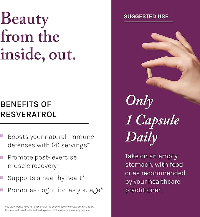 Reserveage Beauty Resveratrol 250 mg - Best Trans-Resveratrol - Vegan Antioxidant Supplement for Cellular & Heart Health - Aids Healthy Aging & Immune Health - 60 Vegetable Capsules