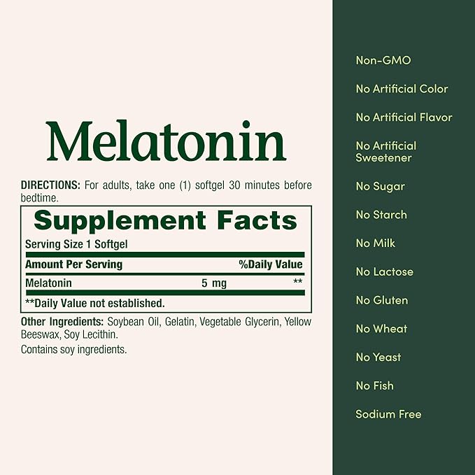 Nature's Bounty Melatonin, 100% Drug Free Sleep Aid, Dietary Supplement, Promotes Relaxation and Sleep Health, 5mg, 90 Softgels (Pack of 1)
