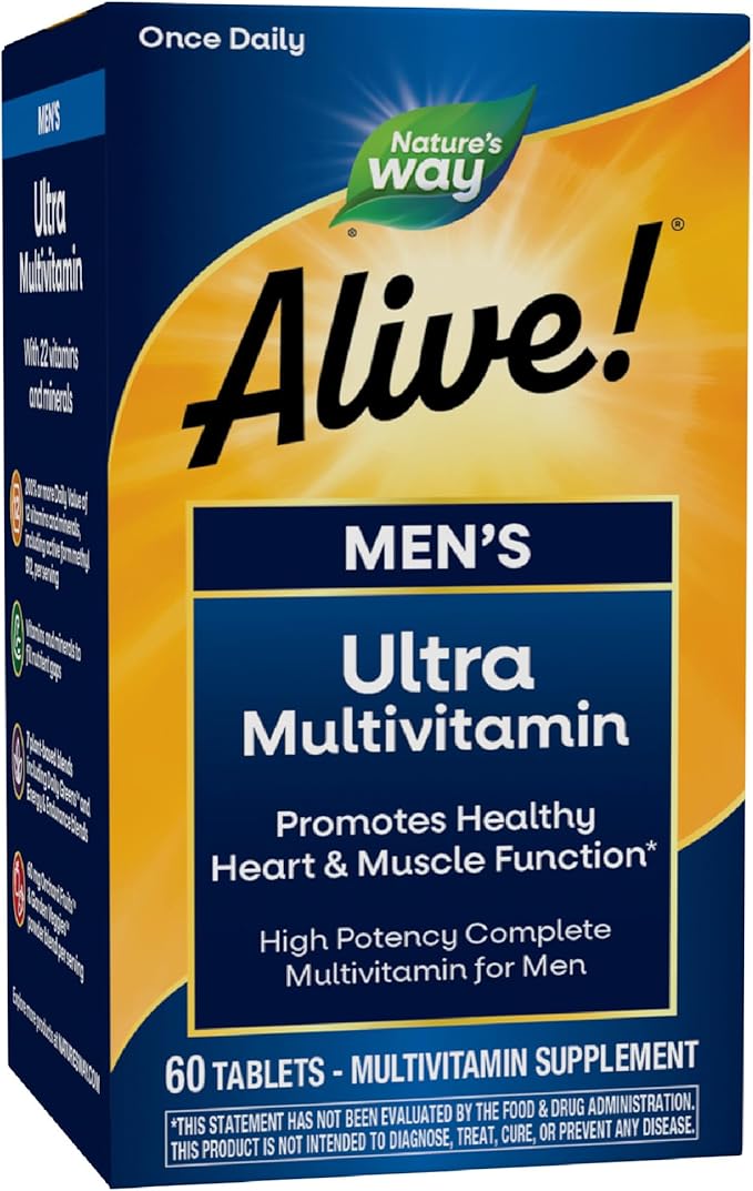 Nature's Way Alive! Men’s Once Daily Ultra Potency Multivitamin Tablets, Complete High Potency Men’s Daily Vitamin Promotes Heart & Muscle Function*, B-Vitamins, Zinc and Antioxidants, 60 Tablets