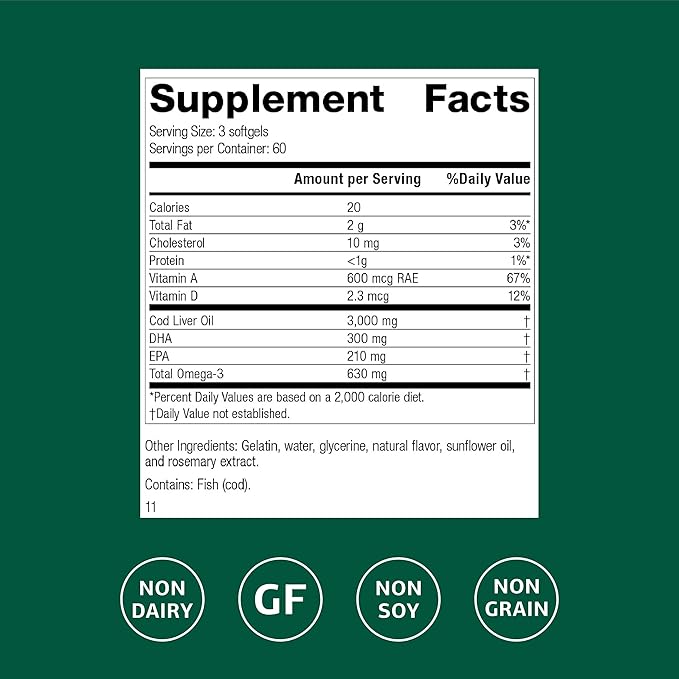 Standard Process Cod Liver Oil - Aids Healthy Skin & Eyes with Omega-3 Fatty Acids & Vitamins A and D - Bone & Tooth Health Support - Gluten-Free, Non-Dairy & Non-Soy - 180 Softgels (60 Servings)