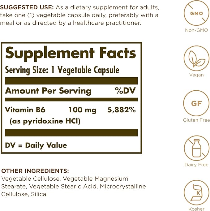 Solgar, Vitamin B6 100 Mg Vegetable Capsules, Count