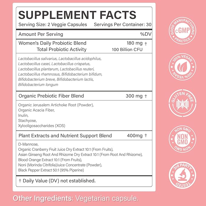 Probiotics for Women - 100 Billion CFU, 11 Strains with Organic Prebiotics, Cranberry Extract, D-Mannose - Women’s Probiotic for Digestive, Vaginal, Urinary Health & pH Balance - Non-GMO, 60 Capsules