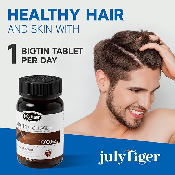 julytiger Biotin 10,000mcg with Collagen Supplement, Biotin (Vitamin B7) for Healthy Skin and Nails,biotin Collagen peptide, for Women and Men - Vegan, Non-GMO, Gluten & Soy-Free - 60 Tablets