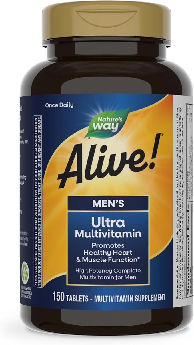 Nature's Way Alive! Men’s Once Daily Ultra Potency Multivitamin Tablets, Complete High Potency Men’s Daily Vitamin Promotes Heart & Muscle Function*, B-Vitamins, Zinc and Antioxidants, 150 Tablets