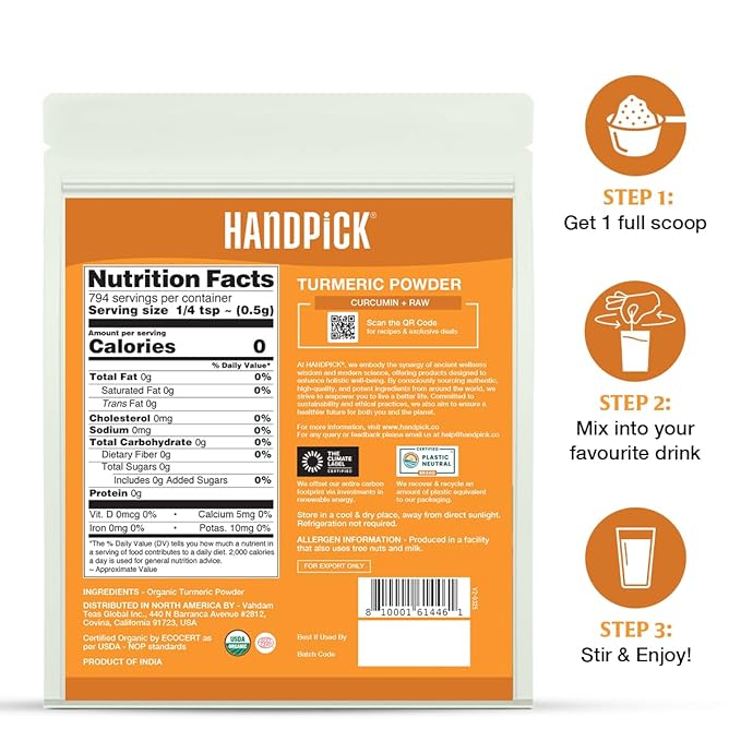HANDPICK, Organic Turmeric Powder with Curcumin (397g/14oz) | Authentic Indian Origin | Gluten Free | Made from Turmeric Root