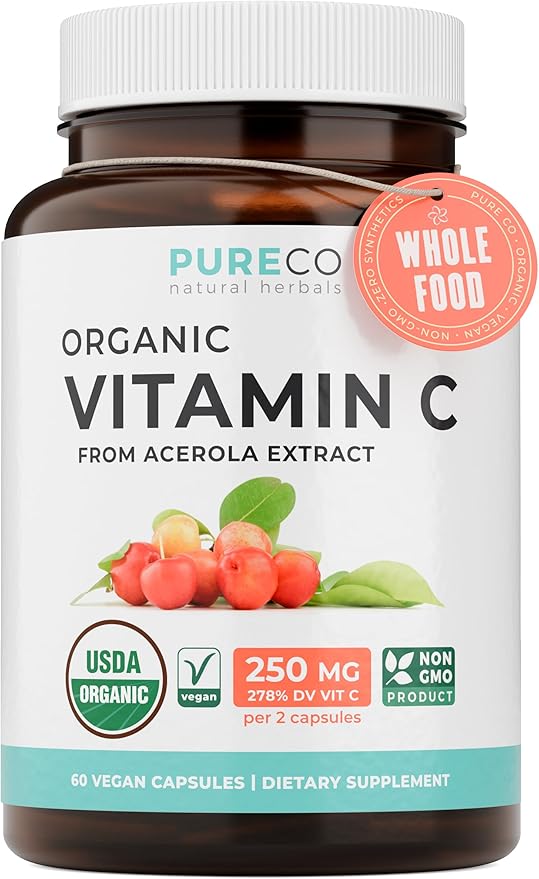 Certified Organic Vitamin C Supplement - Whole Food Acerola Vitamin C Immune Support Supplement for Seasonal Wellness with Naturally Occurring Bioflavonoids Polyphenols & Cofactors (1 Month Supply)
