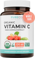 Certified Organic Vitamin C Supplement - Whole Food Acerola Vitamin C Immune Support Supplement for Seasonal Wellness with Naturally Occurring Bioflavonoids Polyphenols & Cofactors (1 Month Supply)