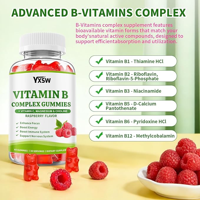 Vitamin B Complex Gummies for Women & Men - Vitamin B12, B1, B2, B3, B5 & B6 -B Complex Vitamin Supplements with Vitamin C,Magnesium & Choline, Raspberry Flavor, 120 Count